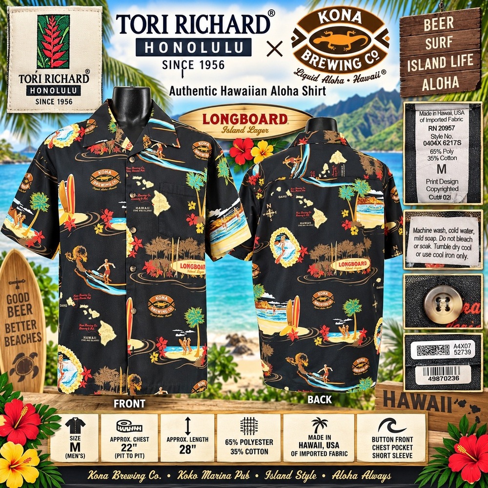 Tori Richard Kona Brewing Co Aloha Shirt Mens M Black Longboard Lager 0404X 6217